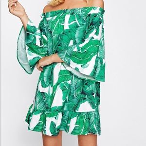Palm print off the shoulder mini dress